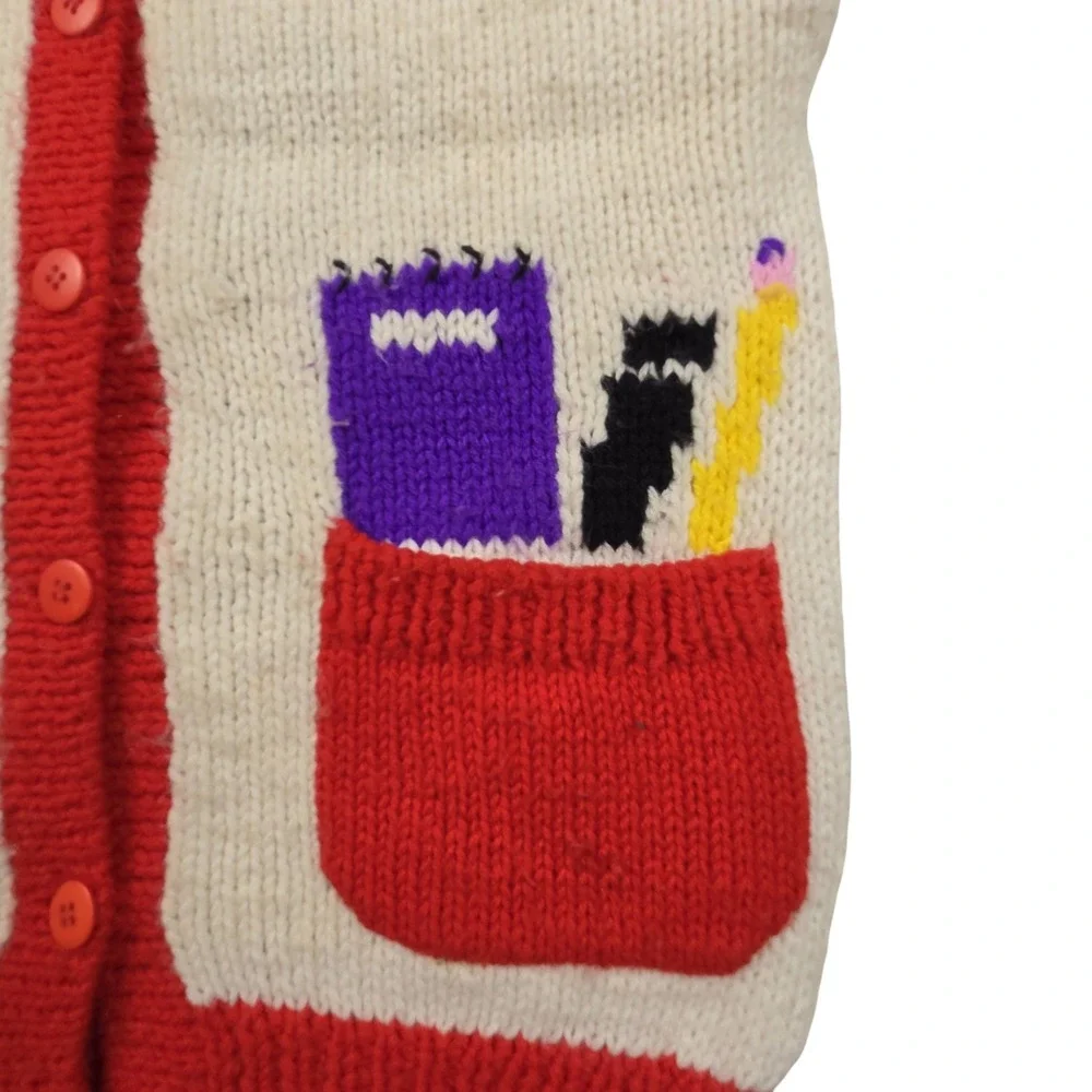 Vintage Hearts & Triangles Kids Knit Cardigan School Apple Embroidered Cream Red